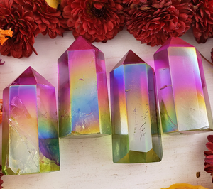 Bicolor Green and Purple Aura Finish Quartz Tower