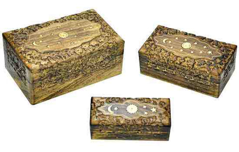 Floral Carved Celestial Inlay Wooden Box- 3 sizes to choose from