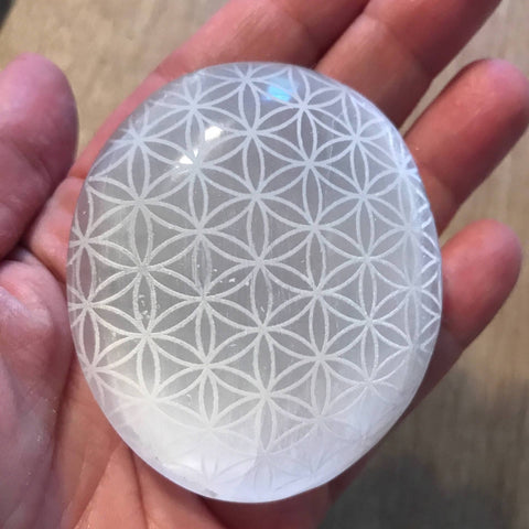 Selenite Palm Stone Etched with Flower of Life