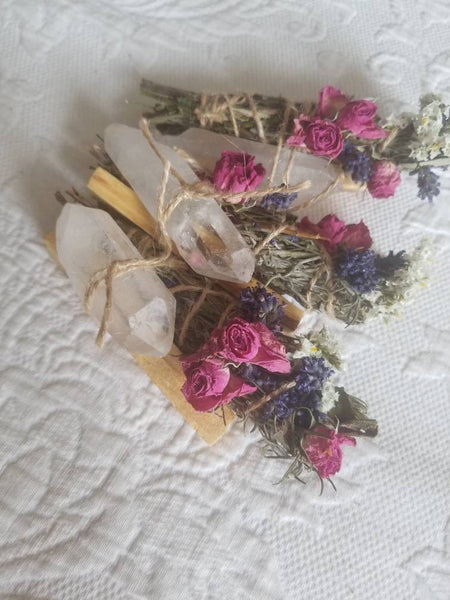 Quartz Crystal, Sage, Rosemary, Lavender Palo Santo and Spray Rose Smudge Stick Bundle