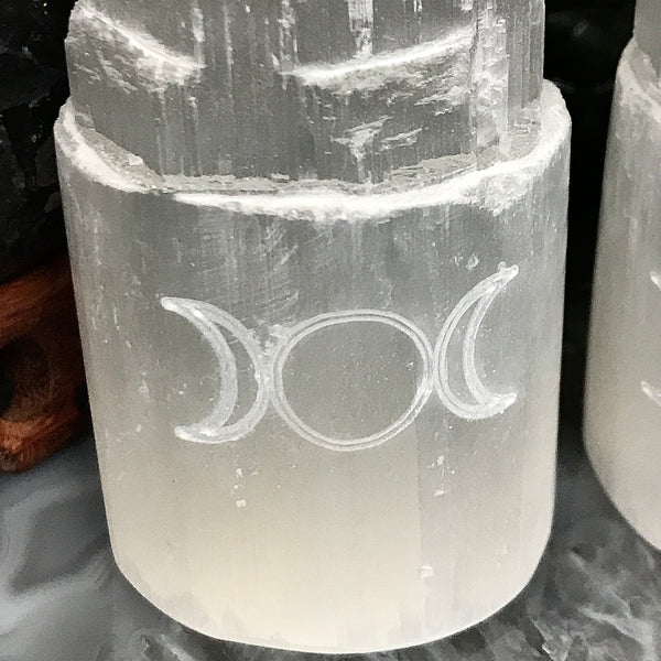 Triple Moon Carved 4 Inch Selenite Tower