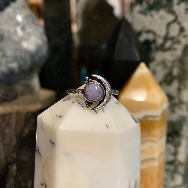 Sterling Silver Crescent Moon Ring with Gemstone