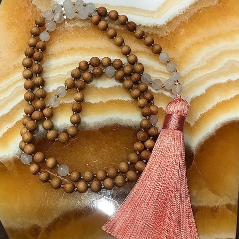 Rose Quartz and Sandalwood Mala Necklace 108 Beads