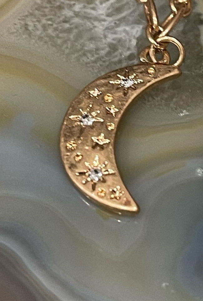 Crescent Moon with CZ stars pendant necklace