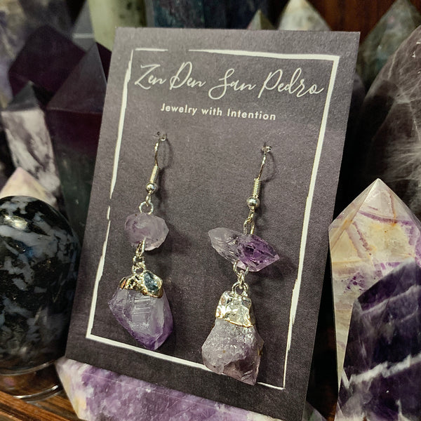 Amethyst Two Stone Dangle Silver Electroform Earrings