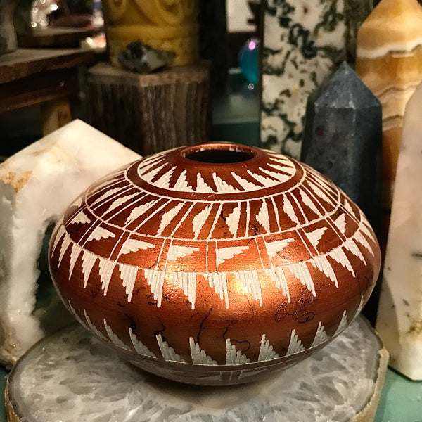 Navajo Artisan Etched Painted Copper and Horsehair Vase by Dee Nelson