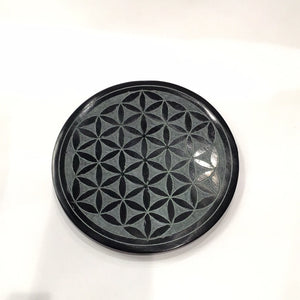 Flower of Life Black Soapstone Carved Round Incense Holder