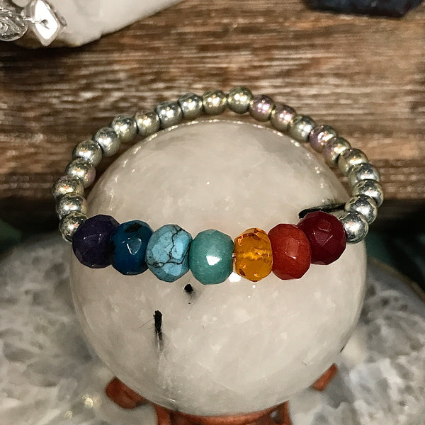 Faceted Gemstone Stackable Bracelet with Rainbow Pyrite