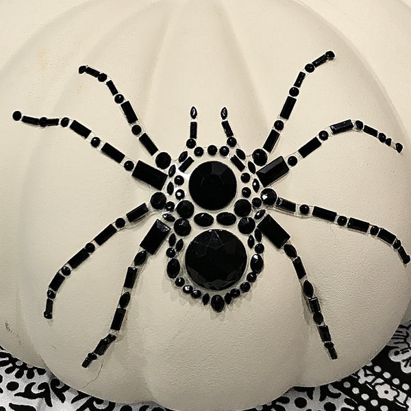 Black Stone Spider Adorned White Pumpkin 11 Inch