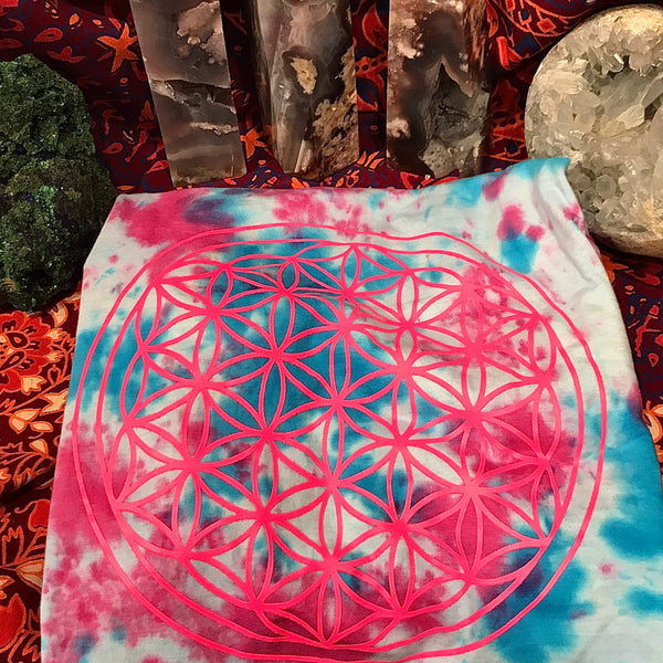 Blue and Pink Tie-Dye Flower of Life Infused with Clear Quartz, Sodalite, Rose Quartz, Citrine, Carnelian, Garnet, and Tiger Eye in Large