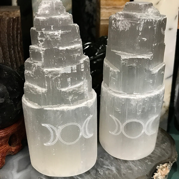 Triple Moon Carved 4 Inch Selenite Tower