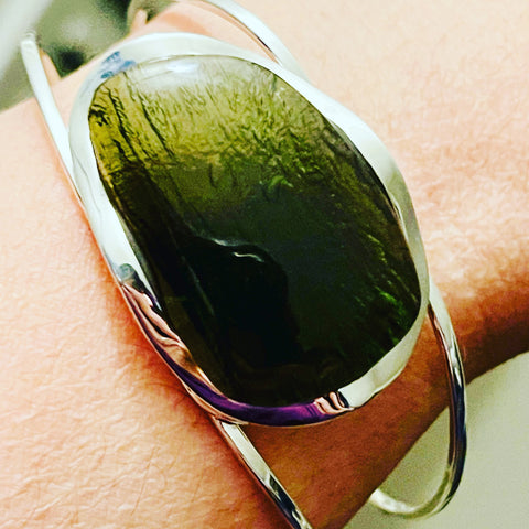 Moldavite Sterling Silver One of a Kind Cuff Style Bracelet