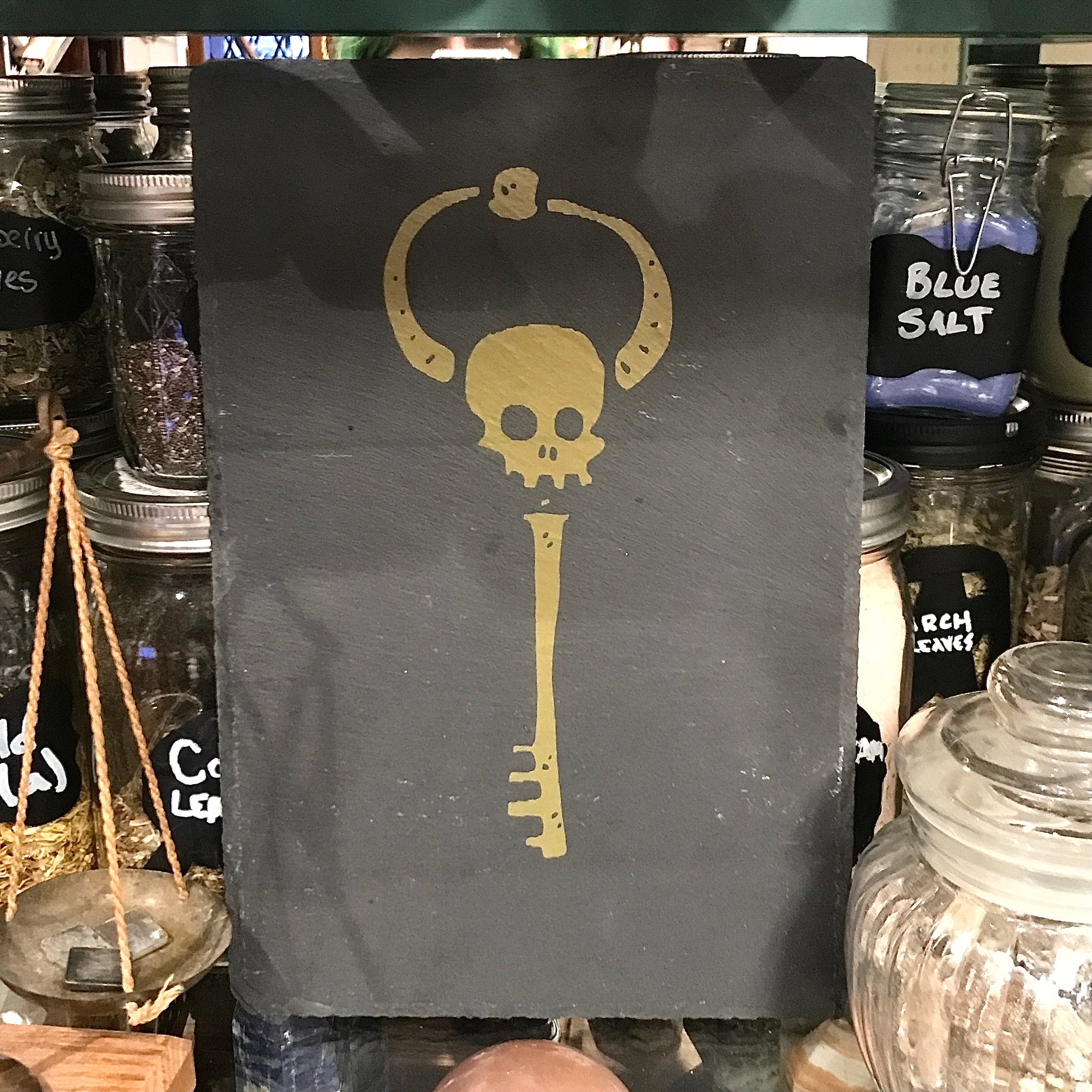 Slate Rectangle Plate with Golden Skull Key Deign - 3x10”