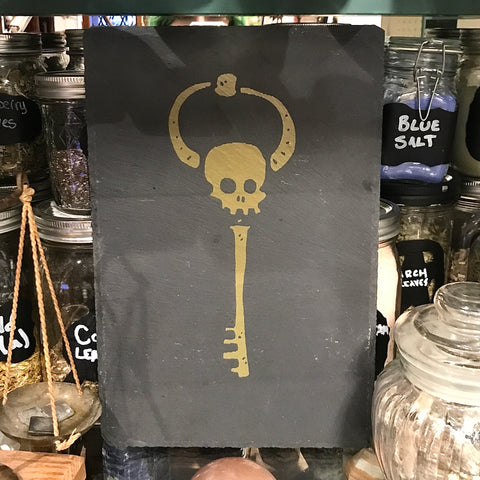 Slate Rectangle Plate with Golden Skull Key Deign - 3x10”