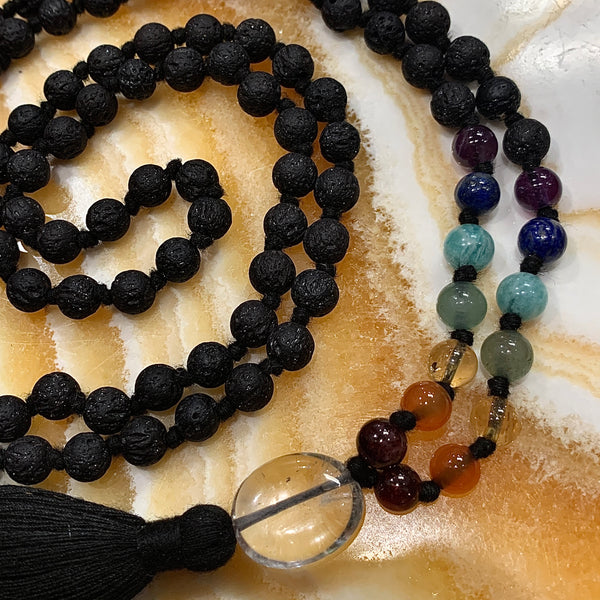 Seven Chakras Lava Beads Meditation 108 Bead Mala Necklace