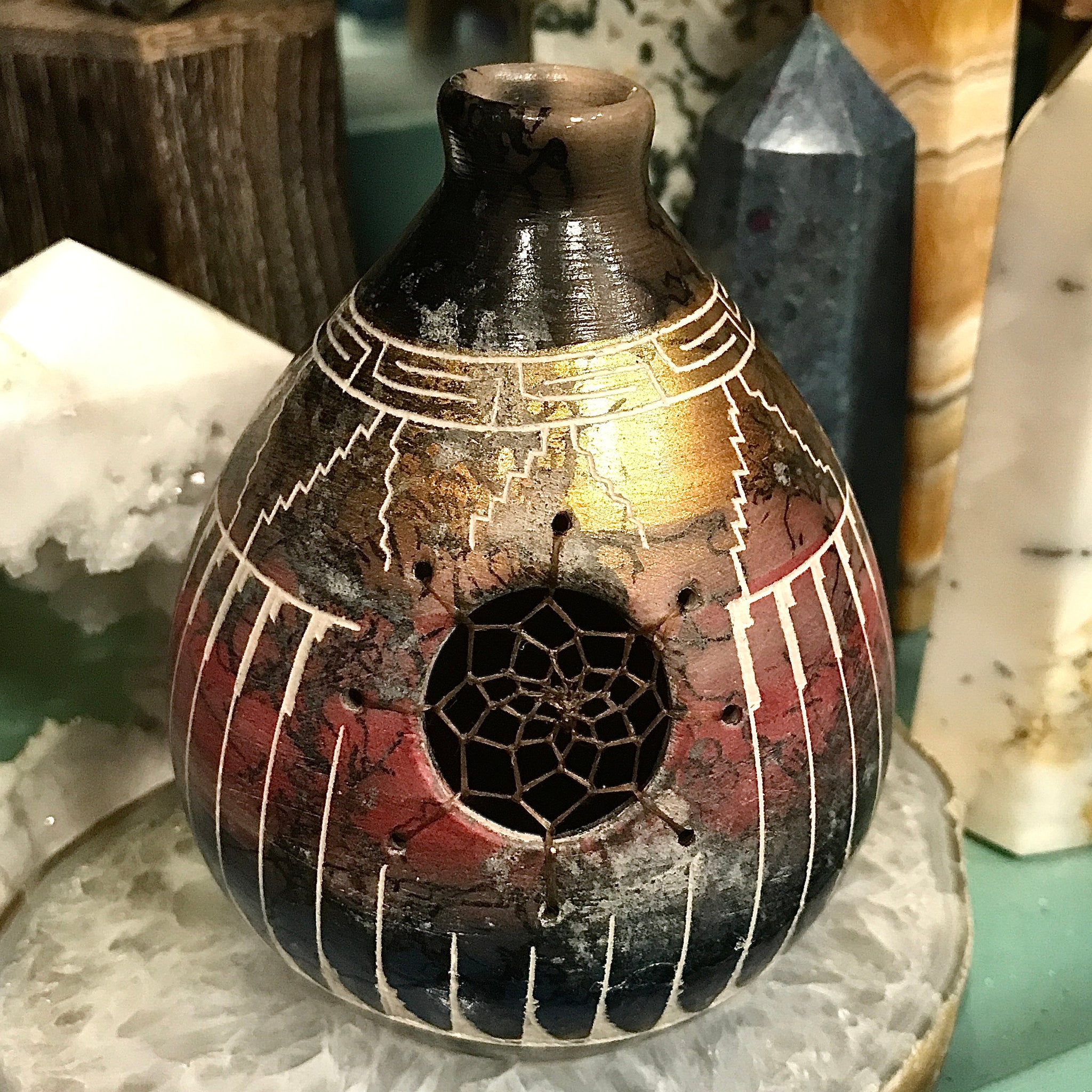 Navajo Artisan Etched Raku Horsehair Dreamcatcher Vase by Dennison Billy