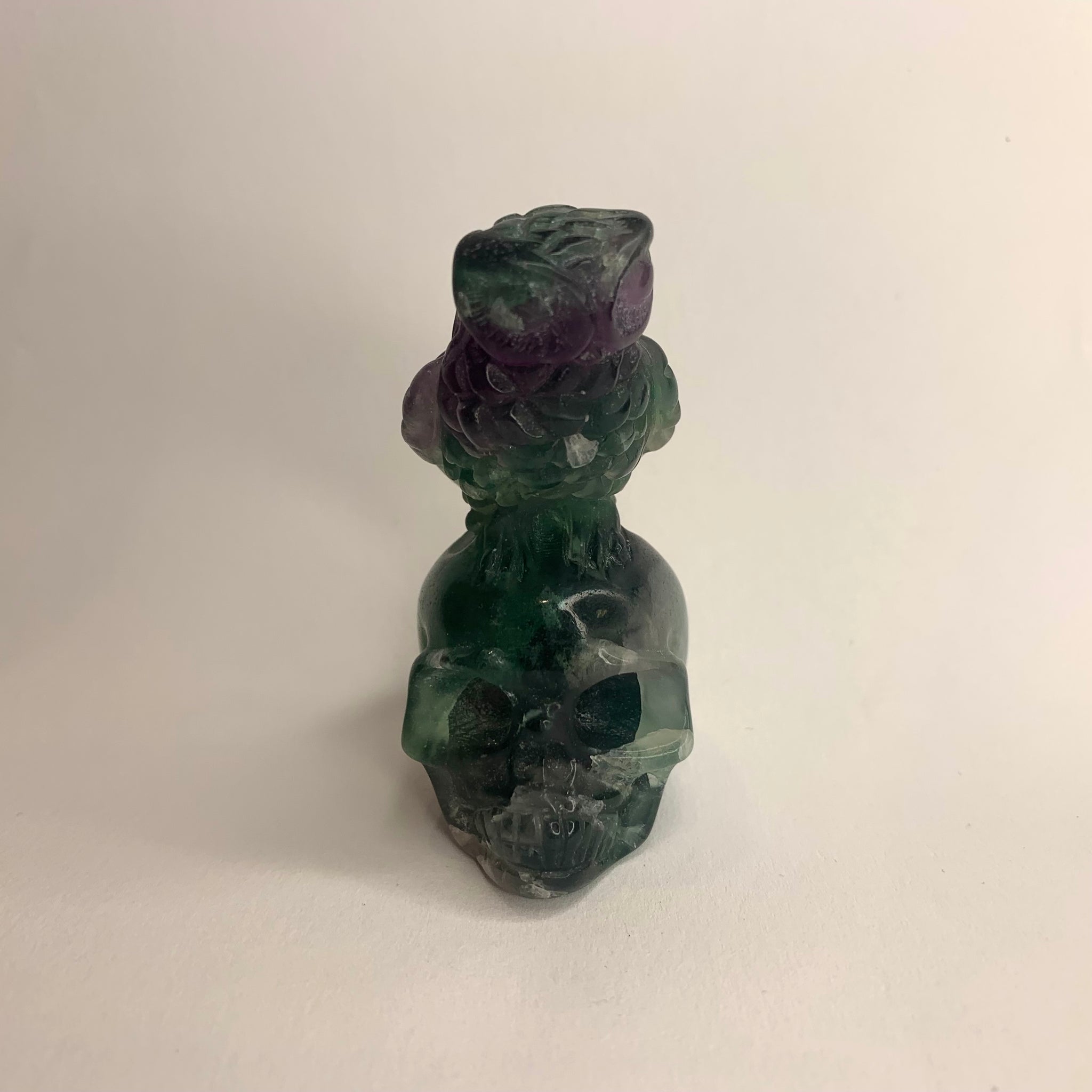 Fluorite Owl on Skull Carving 2.5 Inch