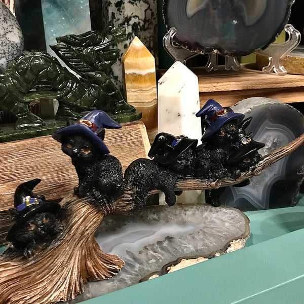 Magical Cats on Broom in Resin