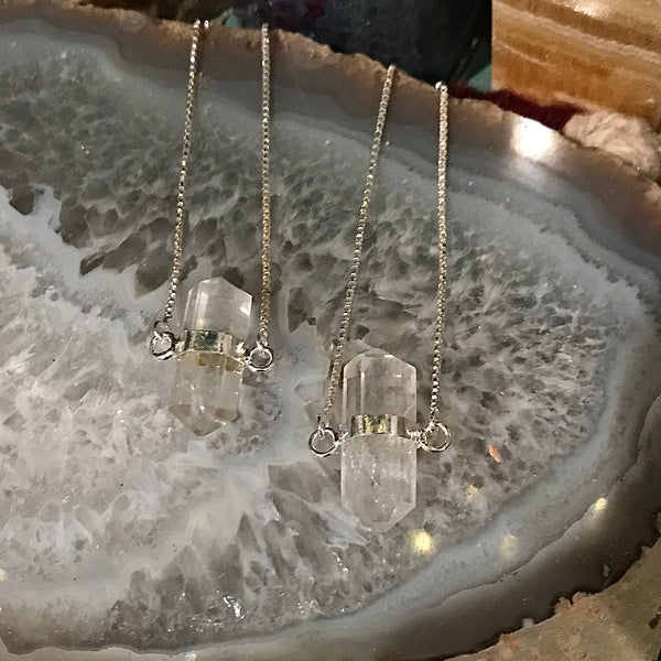 Quartz Crystal Double Terminated Vertical Silver Pendant Necklace