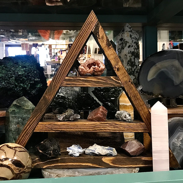 Dark Stained Three Shelf Triangle Crystal Display