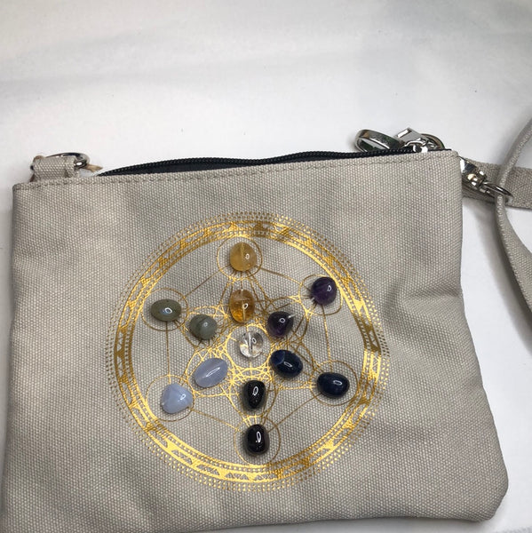 Sacred Geometry 7 Chakras crossbody bag Natural Tan with Gemstones