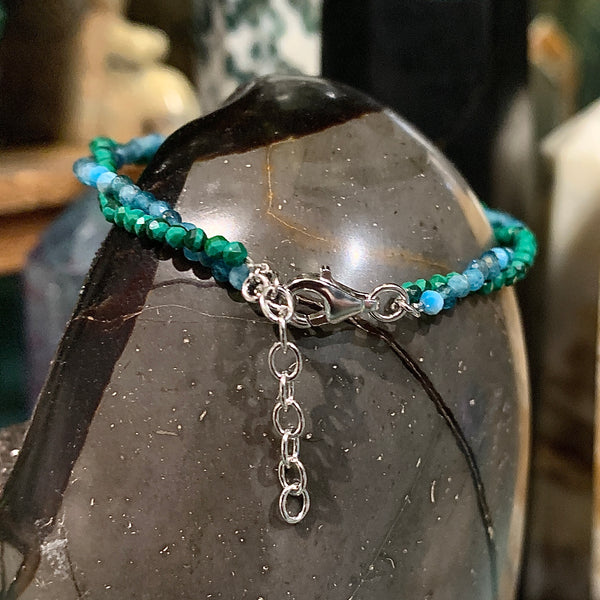 Apatite and Malachite Twist Micro Faceted Gemstone Bead Bracelet Sterling Silver 7 Inch with Extender