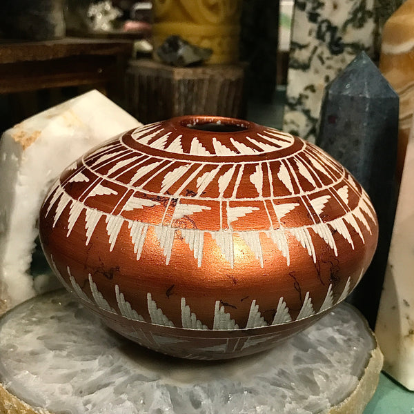 Navajo Artisan Etched Painted Copper and Horsehair Vase by Dee Nelson