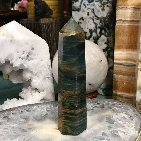 Blue Onyx (Lemurian Aquatine Calcite) Tower measuring between 2.75” and 4”