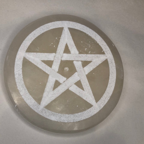 Selenite Round 4 Inch Incense Holder Pentagram Etched