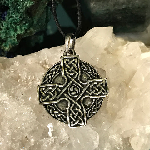 Silver Plated Celtic Cross Pendant on a Black Cord