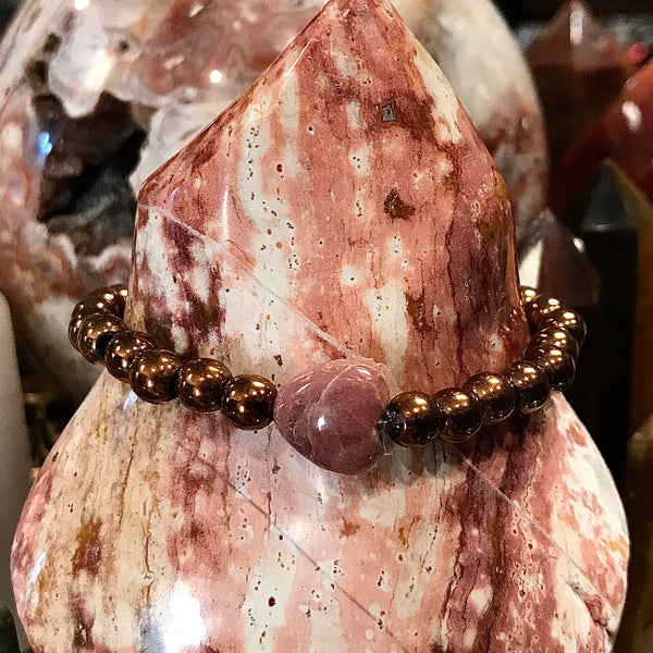 Golden Pyrite with Rhodonite Heart 7mm Stackable Bracelet