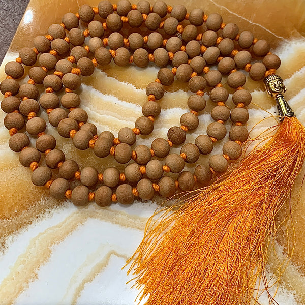 Sandalwood Mala Necklace with Golden Tassel