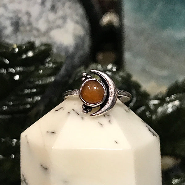 Sterling Silver Crescent Moon Ring with Gemstone