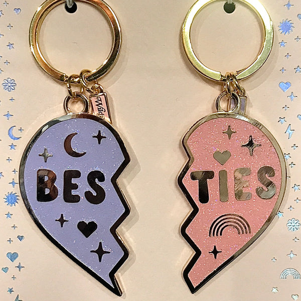 Pink and Lilac Besties Split Heart Keychain Set