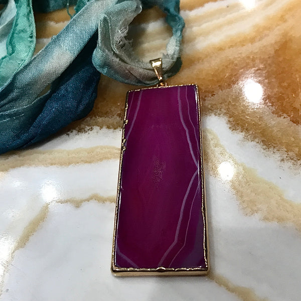 Banded Agate Pink Pendant on Silk Necklace