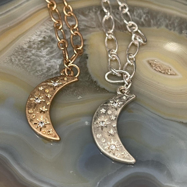 Crescent Moon with CZ stars pendant necklace