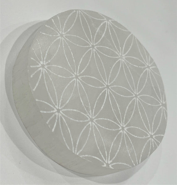 Selenite Round Charger with Etched Flower of Life