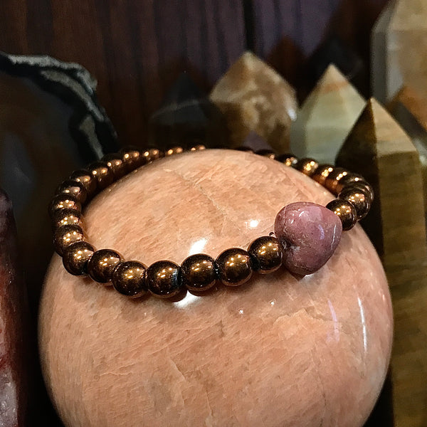 Golden Pyrite with Rhodonite Heart 7mm Stackable Bracelet