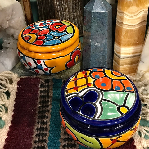 Glazed Hand Painted Round Trinket Box Made in Mexico