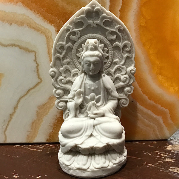 Kuan Yin Seated Statuary in White Resin