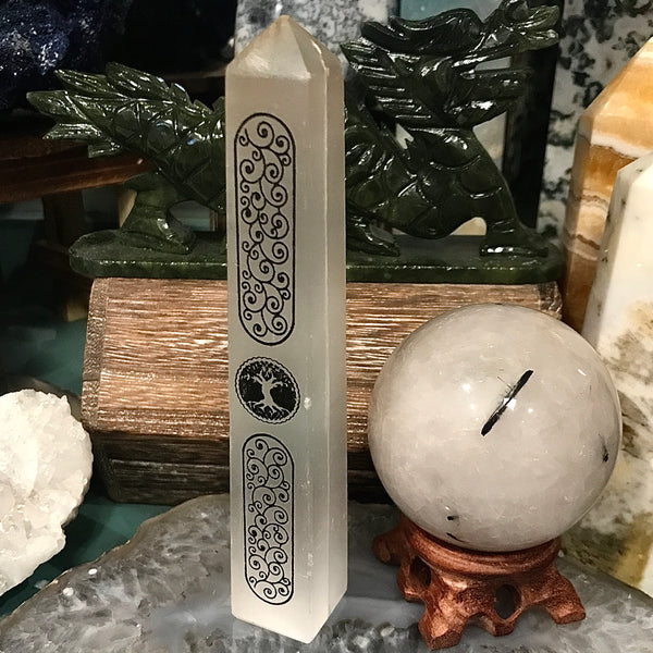 Tree of Life Scroll Engraved Selenite Tower 5 Inch