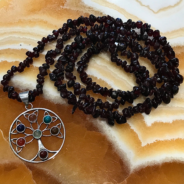 Garnet Tree of Life 7 stone Pendant Necklace 30”