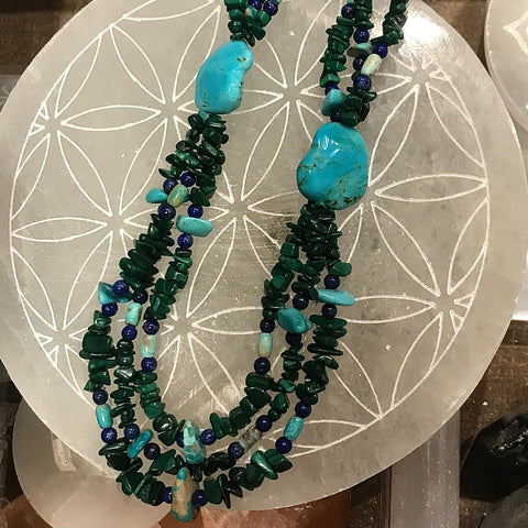 Turquoise, Malachite, Lapis Lazuli Multi Strand Necklace