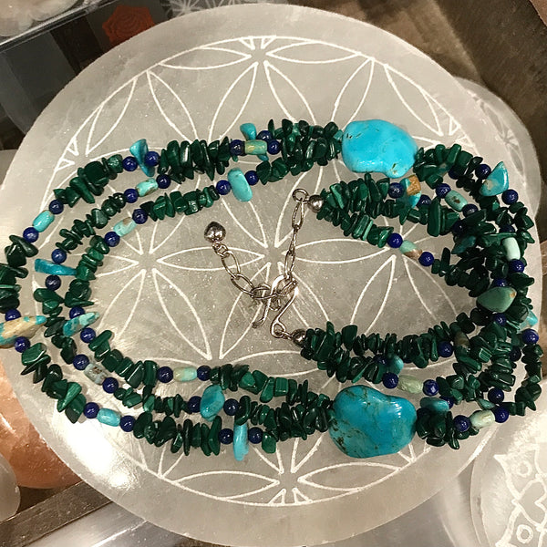 Turquoise, Malachite, Lapis Lazuli Multi Strand Necklace