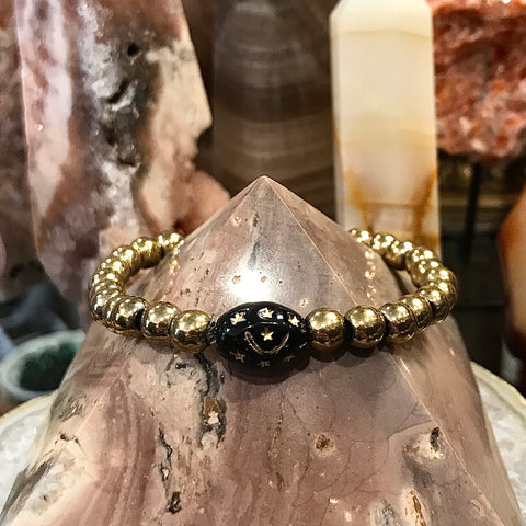 Golden Pyrite Black Celestial Center Bead Stackable Bracelet