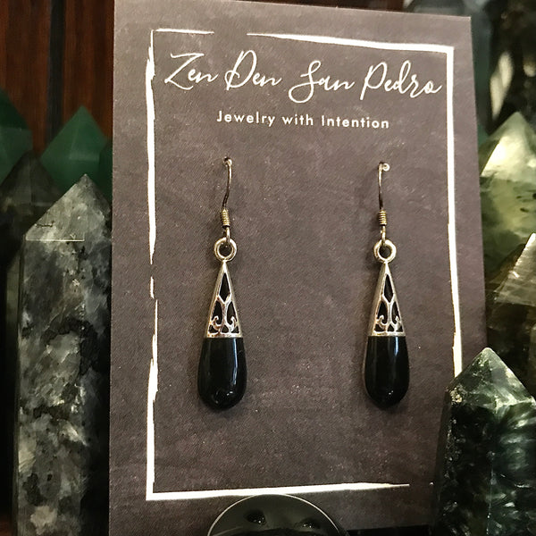 Onyx Filigree Teardrop Sterling Silver Earrings