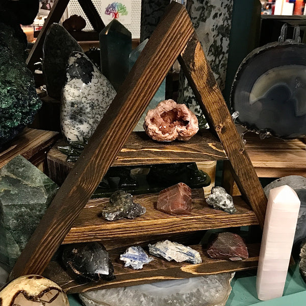 Dark Stained Three Shelf Triangle Crystal Display