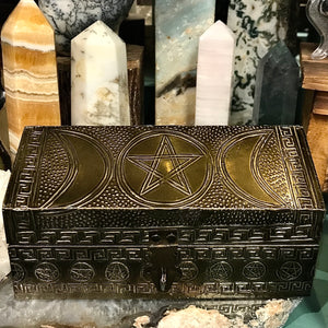 Triple Moon Pentagram Carved Metal Over Wood 4x6 inches Hut Shape Box