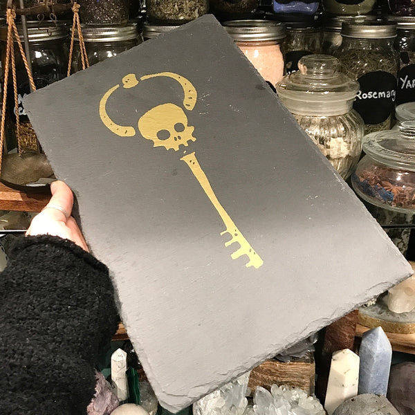 Slate Rectangle Plate with Golden Skull Key Deign - 3x10”