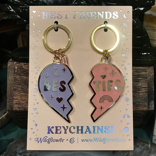 Pink and Lilac Besties Split Heart Keychain Set